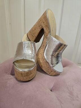 Jessica Simpson Silver Metallic Cork Platform Mules